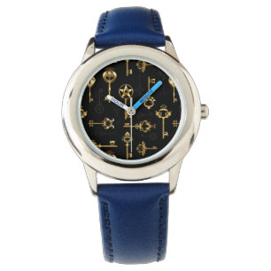 Seamless Pattern with Golden Keys Watch