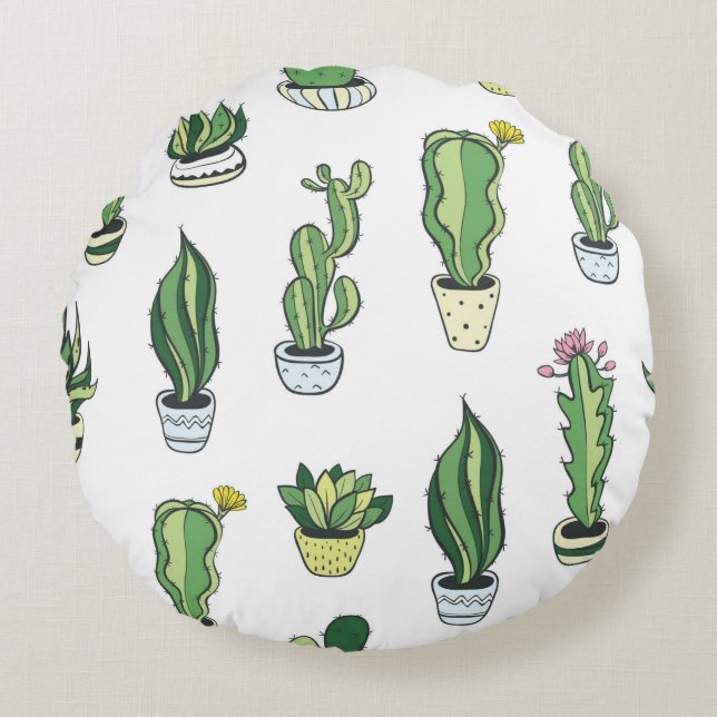 Seamless pattern with green cactus and succulents  round cushion (Front)