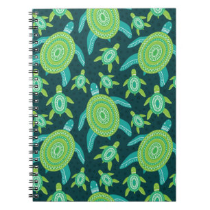 Seamless pattern with green ornament turtles. Sea Notebook