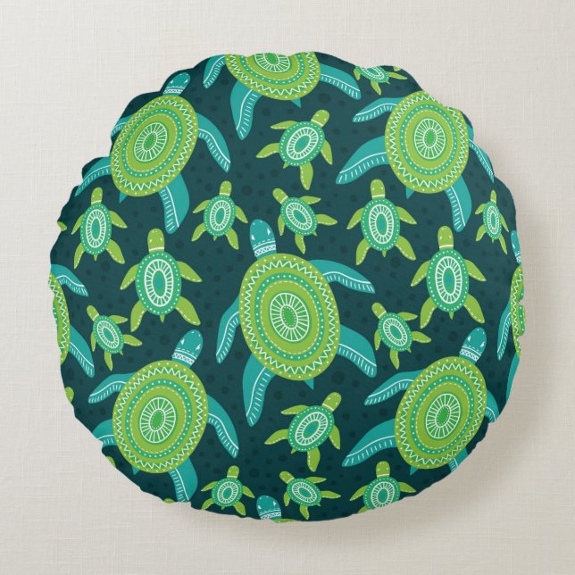 Seamless pattern with green ornament turtles. Sea  Round Cushion (Front)