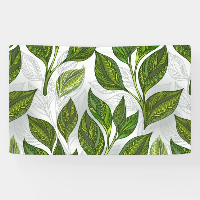 Seamless Pattern with Green Tea Leaves Banner (Horizontal)