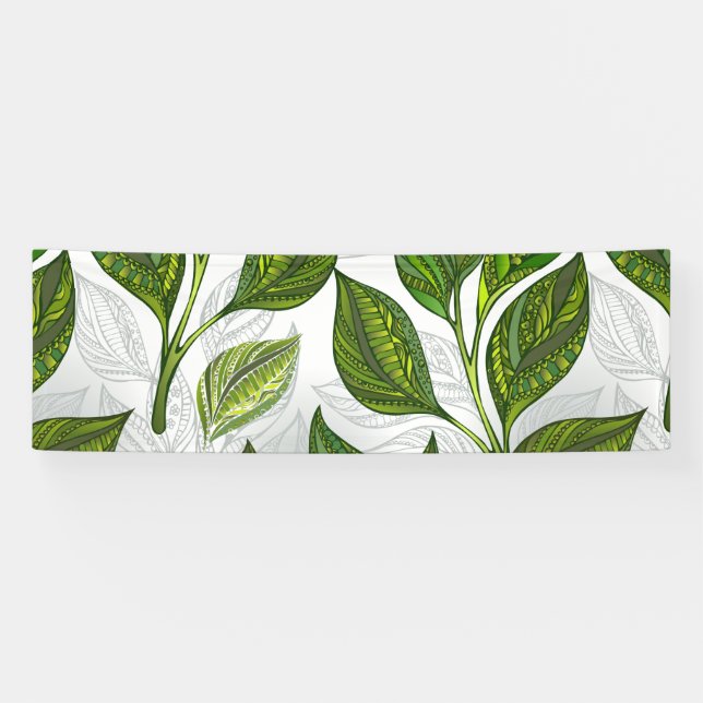 Seamless Pattern with Green Tea Leaves Banner (Horizontal)