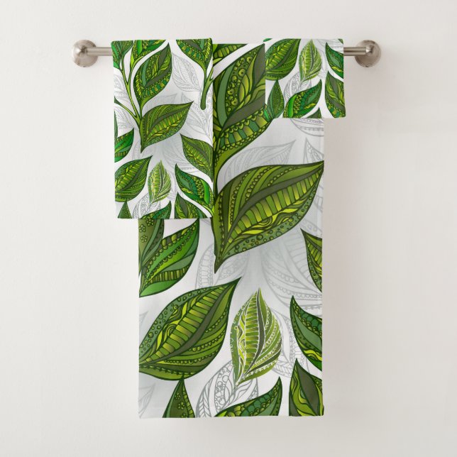 Seamless Pattern with Green Tea Leaves Bath Towel Set (Insitu)
