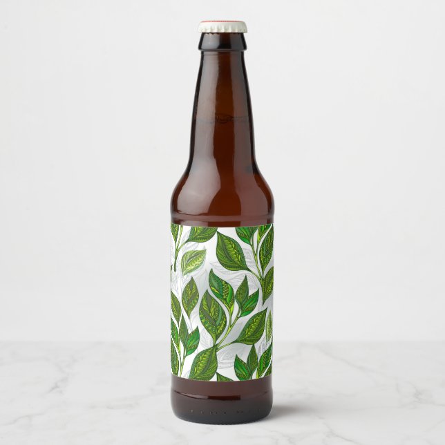 Seamless Pattern with Green Tea Leaves Beer Bottle Label (Front)