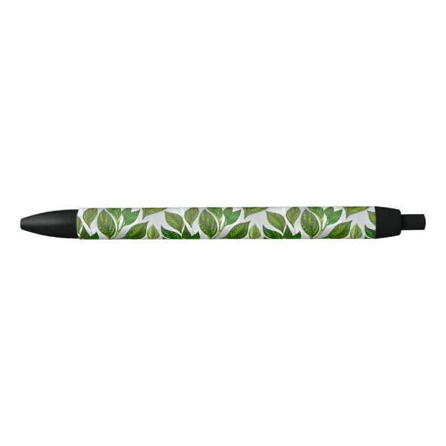 Seamless Pattern with Green Tea Leaves Black Ink Pen (Front)