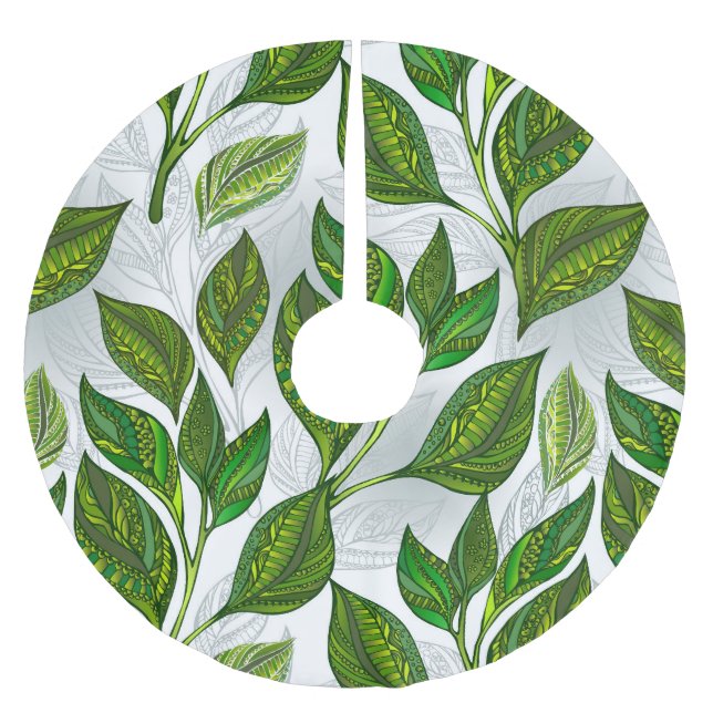 Seamless Pattern with Green Tea Leaves Brushed Polyester Tree Skirt (Front)