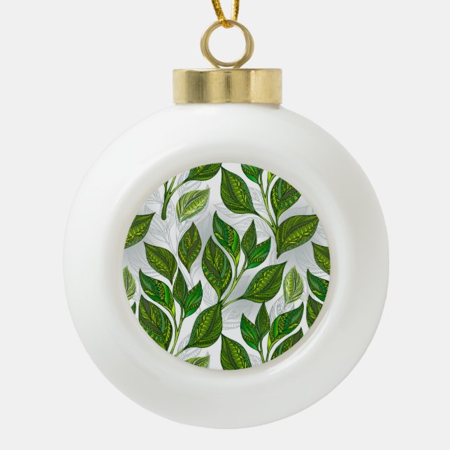 Seamless Pattern with Green Tea Leaves Ceramic Ball Christmas Ornament (Front)