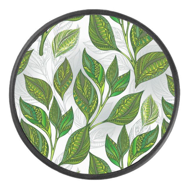 Seamless Pattern with Green Tea Leaves Hockey Puck (Front)