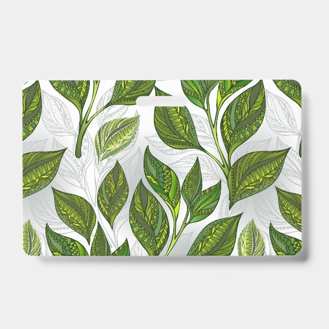 Seamless Pattern with Green Tea Leaves ID Badge (Front)
