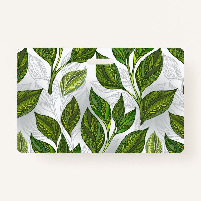 Seamless Pattern with Green Tea Leaves ID Badge (Front)