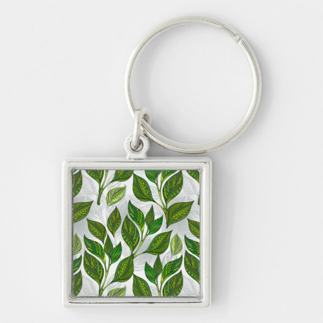 Seamless Pattern with Green Tea Leaves Key Ring (Front)