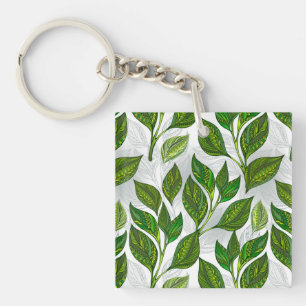 Seamless Pattern with Green Tea Leaves Key Ring
