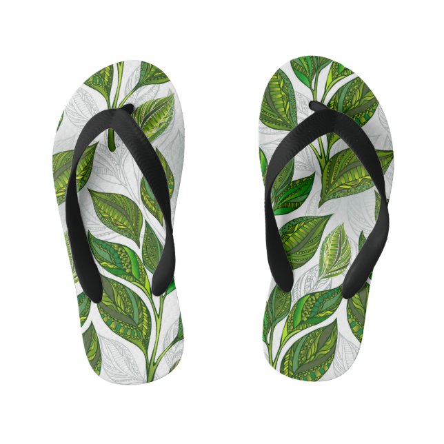Seamless Pattern with Green Tea Leaves Kid's Thongs (Footbed)