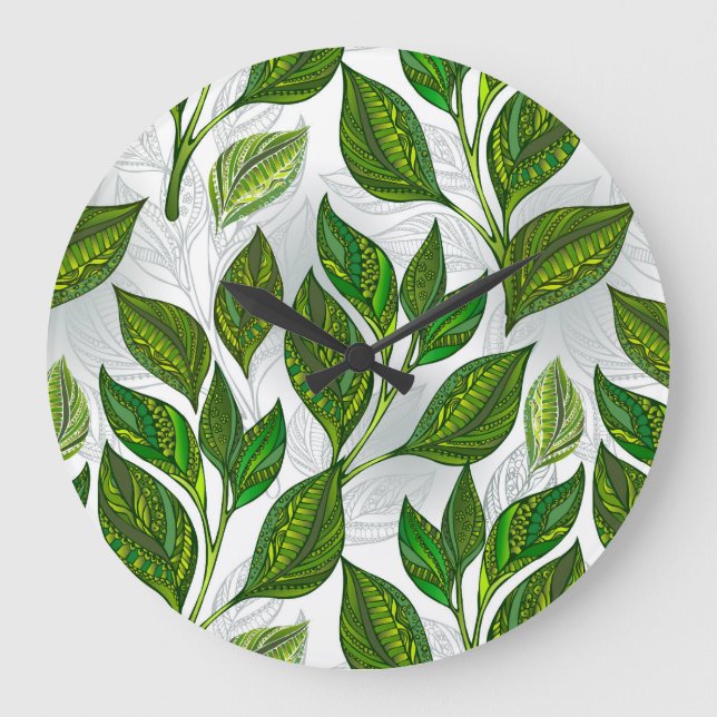 Seamless Pattern with Green Tea Leaves Large Clock (Front)