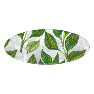 Seamless Pattern with Green Tea Leaves Name Tag