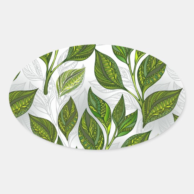 Seamless Pattern with Green Tea Leaves Oval Sticker (Front)