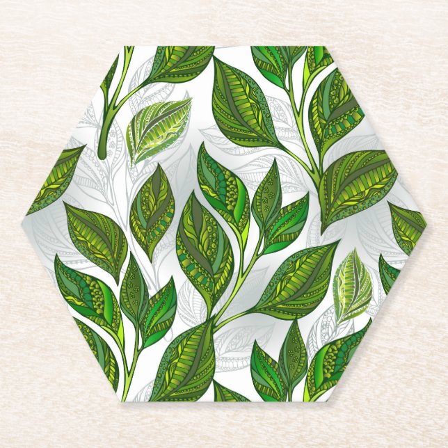 Seamless Pattern with Green Tea Leaves Paper Coaster (Front)