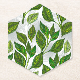 Seamless Pattern with Green Tea Leaves Paper Coaster