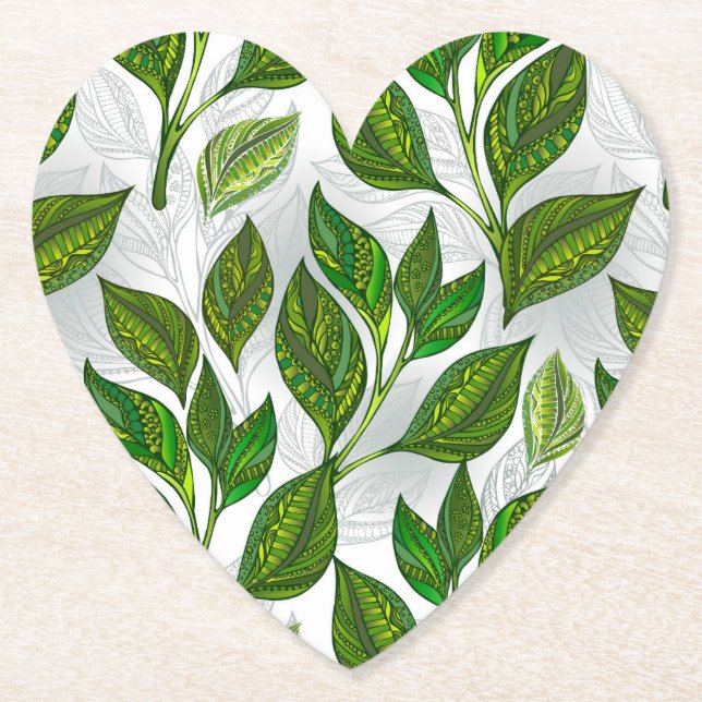 Seamless Pattern with Green Tea Leaves Paper Coaster (Front)