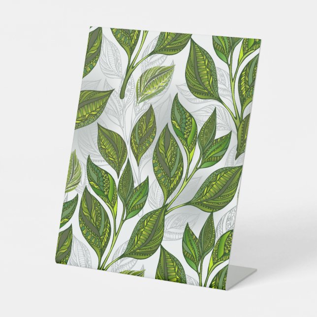 Seamless Pattern with Green Tea Leaves Pedestal Sign (Front)
