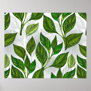 Seamless Pattern with Green Tea Leaves Poster