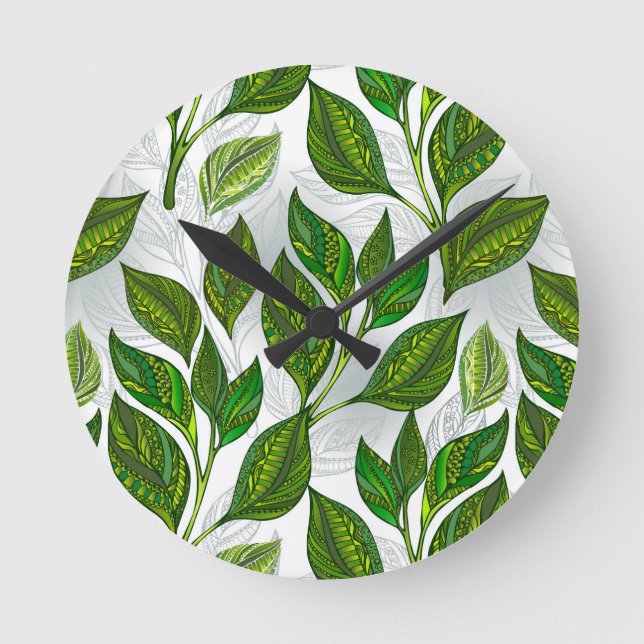 Seamless Pattern with Green Tea Leaves Round Clock (Front)