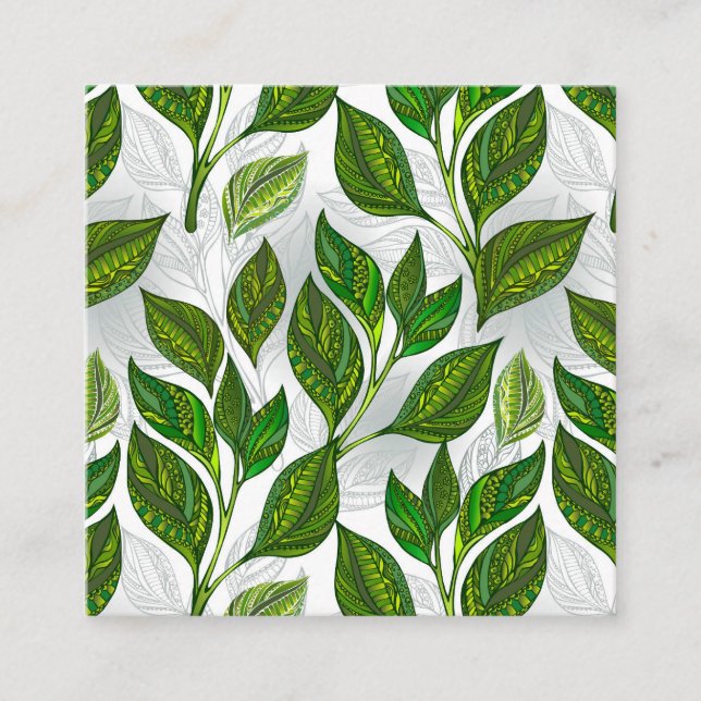Seamless Pattern with Green Tea Leaves Square Business Card (Front)