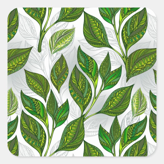 Seamless Pattern with Green Tea Leaves Square Sticker (Front)