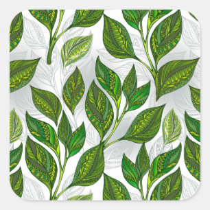 Seamless Pattern with Green Tea Leaves Square Sticker