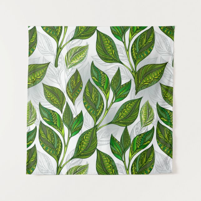 Seamless Pattern with Green Tea Leaves Tapestry (Front)
