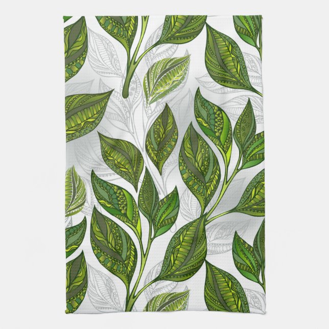 Seamless Pattern with Green Tea Leaves Tea Towel (Vertical)
