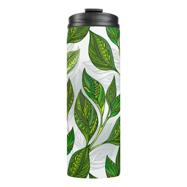 Seamless Pattern with Green Tea Leaves Thermal Tumbler (Front)
