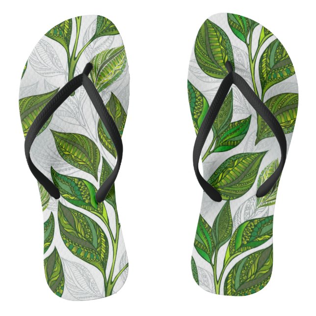 Seamless Pattern with Green Tea Leaves Thongs (Footbed)