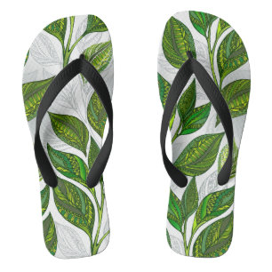 Seamless Pattern with Green Tea Leaves Thongs