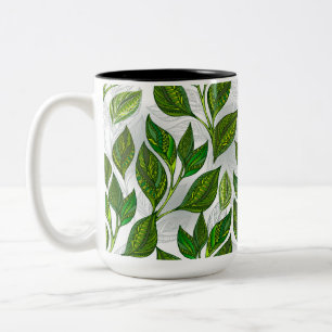 Seamless Pattern with Green Tea Leaves Two-Tone Coffee Mug