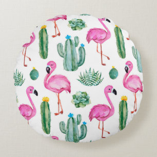 Seamless pattern with green watercolor cactus, suc round cushion