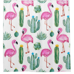 Seamless pattern with green watercolor cactus, suc shower curtain