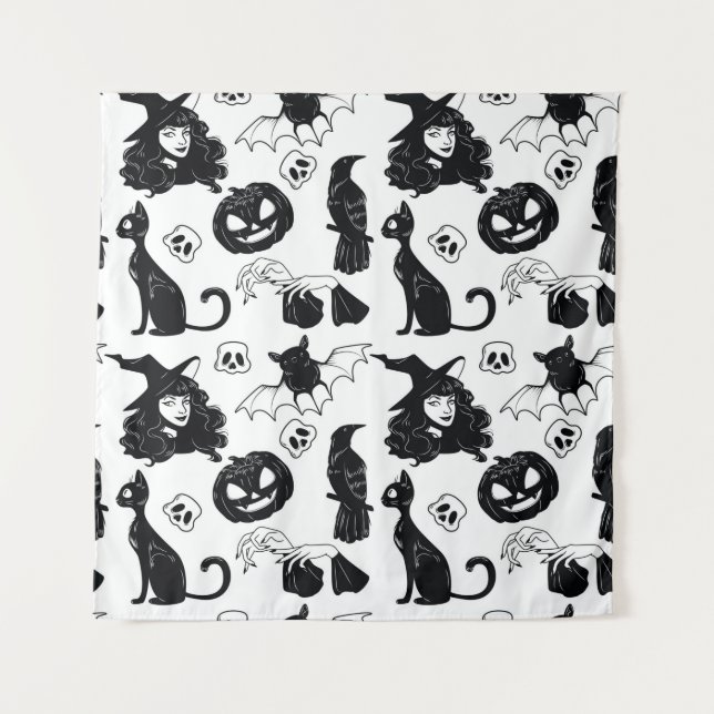Seamless pattern with Halloween cute hand drawn el Tapestry (Front)