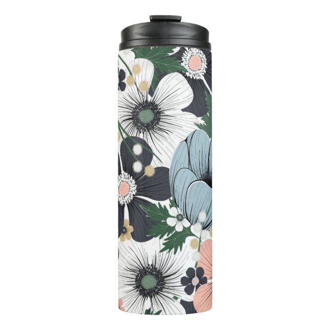 Seamless pattern with hand-drawn delicate flowers. thermal tumbler (Front)