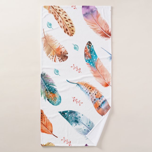Seamless pattern with hand drawn feathers on white bath towel (Bath Towel)