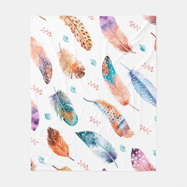 Seamless pattern with hand drawn feathers on white fleece blanket (Front)