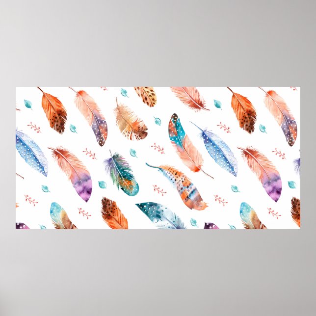 Seamless pattern with hand drawn feathers on white poster (Front)