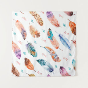 Seamless pattern with hand drawn feathers on white tapestry