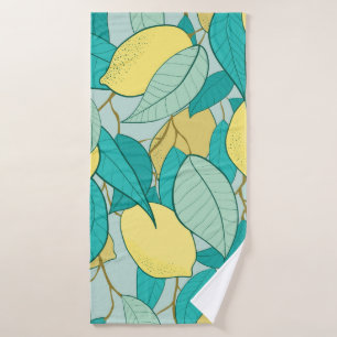 seamless pattern with hand drawn lemon garden bath towel