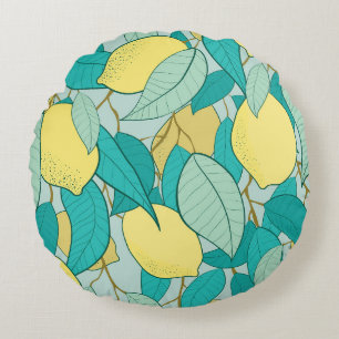 seamless pattern with hand drawn lemon garden round cushion