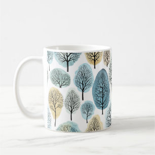 Seamless pattern with hand drawn trees and waterco coffee mug