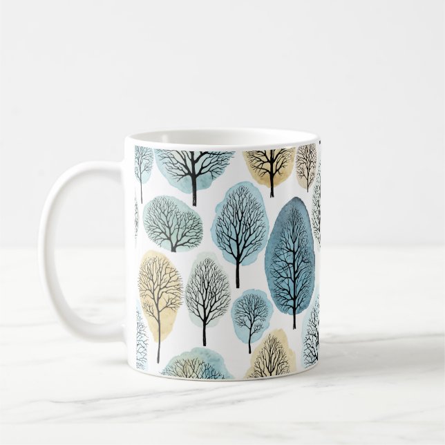 Seamless pattern with hand drawn trees and waterco coffee mug (Left)