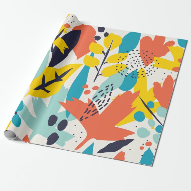 Seamless pattern with hand painted flowers and lea wrapping paper (Unrolled)
