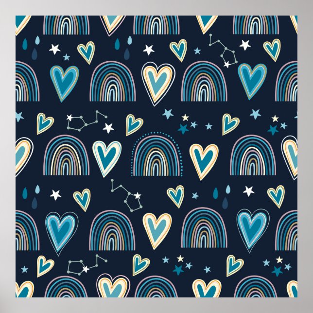 Seamless pattern with hearts, rainbows and celesti poster (Front)
