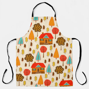 Seamless pattern with houses in the forest. Vintag Apron